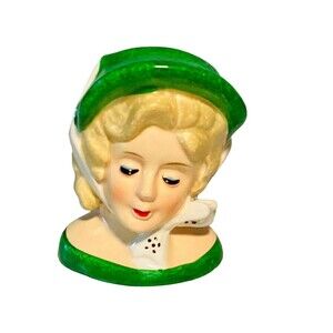 Mid Century Blond Hair Green Hat Lady Head Vase EUC